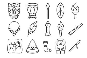 Collection of tribal icons featuring masks, drums, and weapons