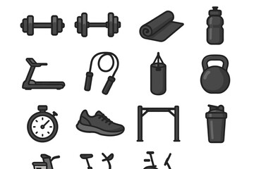 Fitness equipment icons set: weights, yoga mat, jump rope, treadmill, and more