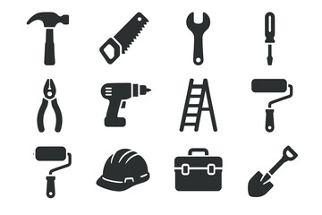 Collection of construction and repair tools icons including drill, wrench, and hammer
