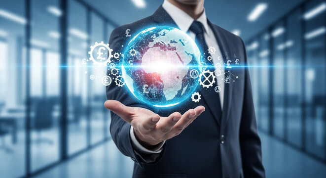 Businessman holding a glowing earth globe with gears and pound symbols in his hand in an office space - Powered by Adobe