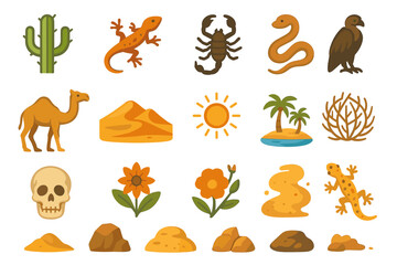 Fototapeta premium Desert icons set: cactus, animals, skull, sun, plants, sand