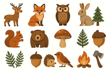 Cute woodland creatures and nature icons: deer, fox, owl, rabbit, and more