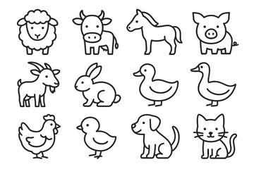 Simple line art of farm animals including sheep, cow, horse, pig, goat, rabbit, ducks, chicken, dog, and cat