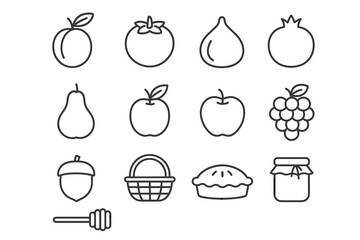 Harvest icons: fruit and food outline collection featuring peach, fig, and more