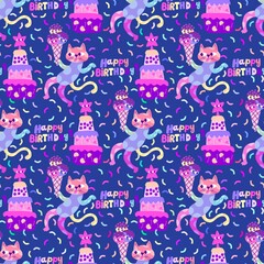 Birthday party seamless cats pattern for wrapping paper and fabrics and linens and kids clothes print 