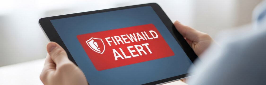 Woman holds tablet displaying firewall alert message. Concept of cyber security, data protection, and internet safety for digital device user. - Powered by Adobe