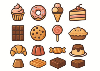 Collection of sweet desserts: cupcake, doughnut, ice cream, chocolate, candy, cake, pie, cookie