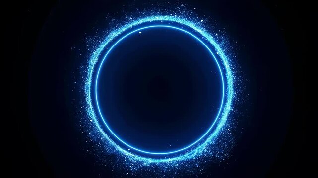 A luminous blue ring glows in the darkness, encircled by a sparkling, granular aura of tiny particles
