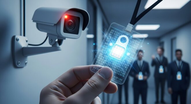 Hand holding digital id card with padlock icon. Surveillance camera watching employee. Secure access and data protection concept.