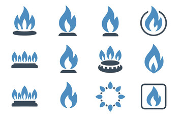 Set of blue and gray gas flame icons representing different shapes and styles