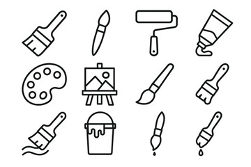 Art tools collection: brushes, paints, palette, easel, roller