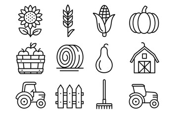 Farm symbols: sunflower, wheat, corn, pumpkin, apple basket, hay, pear, barn, tractor, fence, rake