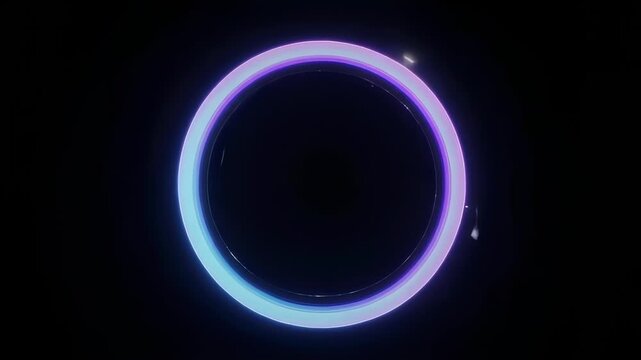 A glowing, neon ring in shades of blue and purple against a stark black background