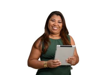 Smiling woman holding a tablet