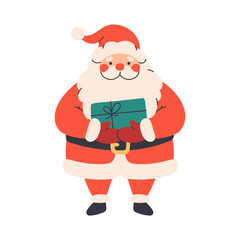 Cute funny Santa Claus character with Christmas gift. Flat vector illustration on white background