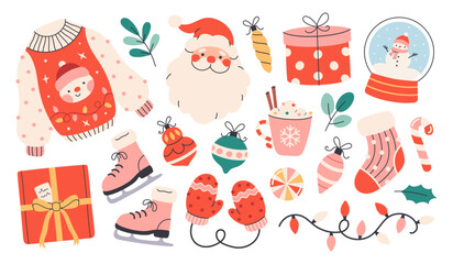 Cute Christmas festive elements set. Santa, sweater, gifts, Christmas sock, candy cane, garland, skates, snow globe. Cute cozy winter holiday stickers. Flat vector illustration on white background