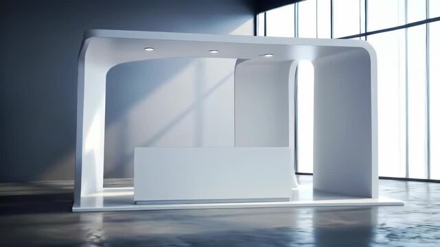 Minimalist white exhibition booth in modern interior setting with natural light for promotion