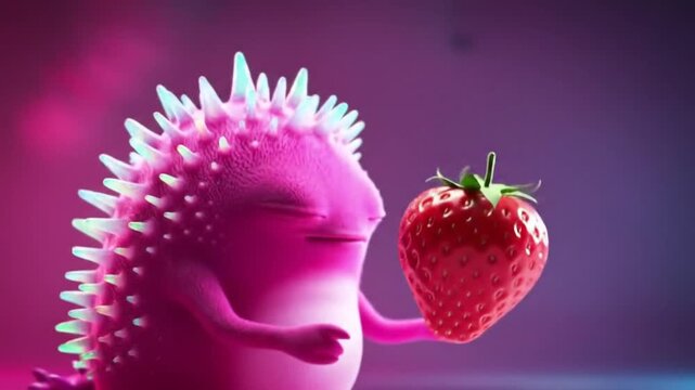 A fuzzy pink creature with spines holds a strawberry, set against a gradient purple backdrop, exuding playful curiosity