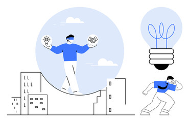 Person balancing on a half-pipe with lightbulb and handshake icons, representing innovation and teamwork. Urban buildings and large lightbulb in the background. Ideal for creativity, teamwork