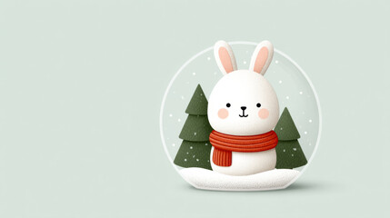 Adorable winter bunny in snow globe with red scarf and pine trees