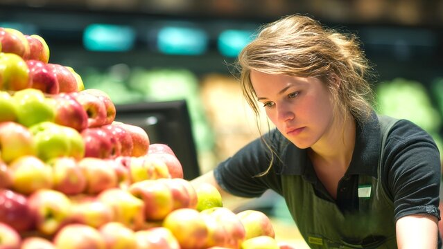 Focused Young Female Worker Arranging Fresh Apples in Grocery Store - Powered by Adobe