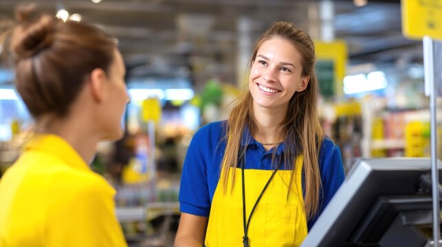 Friendly cashier assisting customer in grocery store checkout area