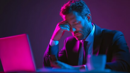 Businessman in Suit Feeling Stressed with Phone in Dim Light