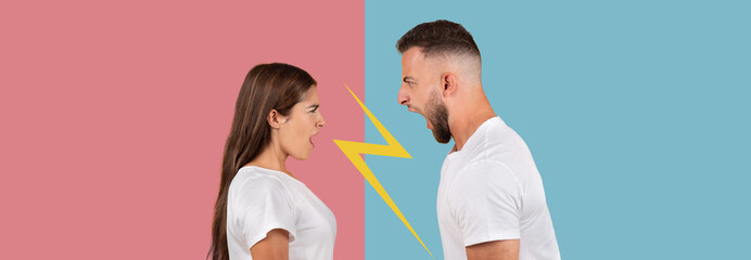 Two individuals face each other in a vibrant setting, showcasing a heated argument. Their expressive faces capture the intensity of the situation with bold colors enhancing the mood.