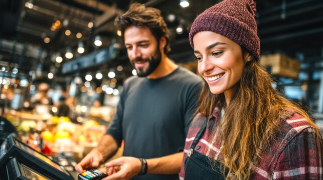 Young Couple Engaging in Contactless Payment in Modern Grocery Store