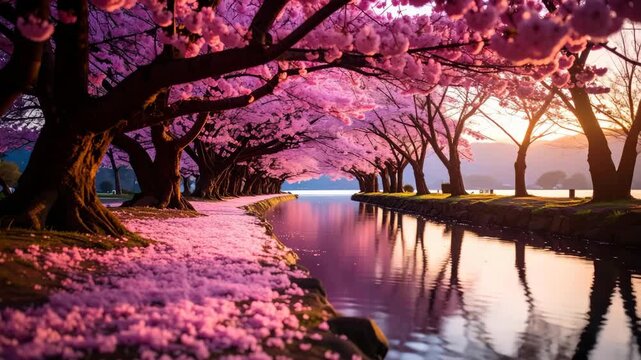 Scenic view of a canal lined with blooming cherry blossom trees in spring, pink petals covering the ground and reflecting in the water.
