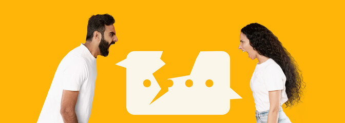 Two individuals are shouting at each other, displaying intense emotions. The background is bright yellow, enhancing the dramatic exchange between them. Their expressions convey passion and urgency.