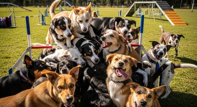 A playful gathering of various dog breeds on a lush green field full of canine joy