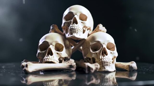 Three skulls stacked with crossed bones on a reflective surface against a dark background, creating a macabre and dramatic composition