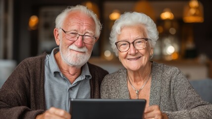 Joyful senior couple using tablet for video call in cozy setting