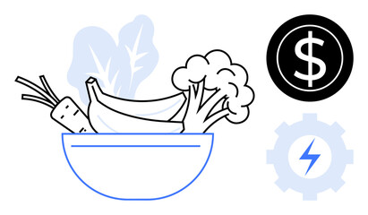 Assorted vegetables and fruits in a bowl alongside dollar and gear icons. Ideal for health, cost-efficiency, nutrition, wellness, sustainability, food industry, economic balance. Bold simple flat