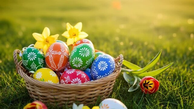 woven basket brimming with vibrant intricately patterned eggs in various colors nestled among yellow daffodils on lush green grass bathed in warm sunlight A red tulip and more patterned eggs lie nearb