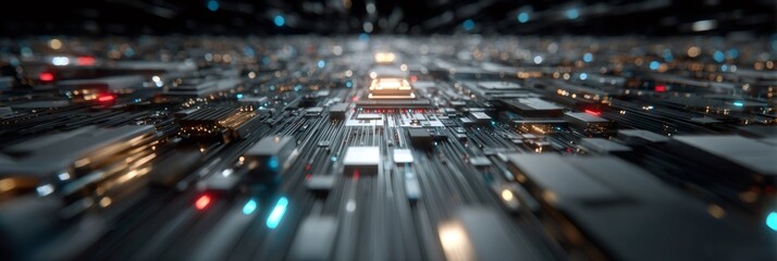 Circuit board processing digital data in futuristic technology background