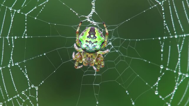 Orb-weaver spider on a web covered in water droplets against green background for nature images