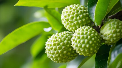 Ripening custard apples hanging on a tree branch