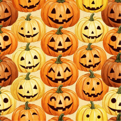 Seamless pattern in soft orange tones featuring a variety of smiling and carved pumpkins with playful expressions, for wrapping paper, fabric, and seasonal backgrounds.eps