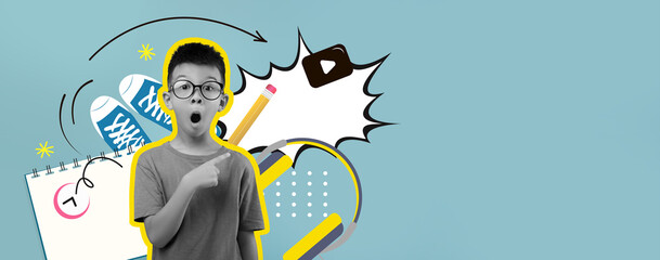 A surprised boy with glasses points in excitement, surrounded by school items and fun graphics. The bright colors and playful elements create a lively atmosphere perfect for educational content.