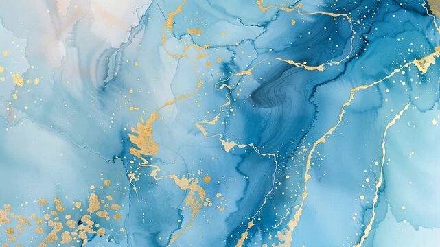 abstract fluid art background, blue and golden ink waves, colorful marble texture, fluid art pattern wallpaper, paint mix underwater wavy, batik pattern, with place for text, slow motion animation