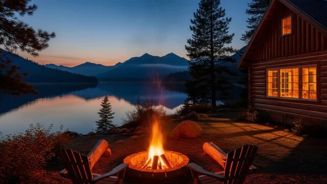 cozy lakeside evening scene with two wooden chairs facing crackling fire pit A rustic log cabin glows warmly beside calm lake reflecting twilight mountains and sky Pine trees frame the tranquil view