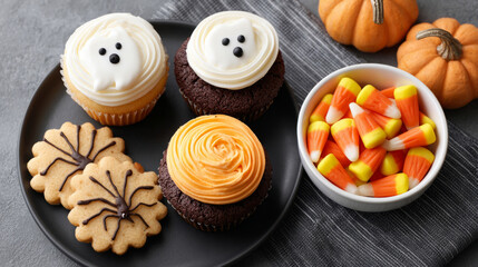 Festive halloween party snacks and treats arrangement for celebration