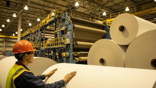 worker in an orange hard hat and safety vest inspects massive white paper rolls inside brightly lit industrial factory Production machinery is visible in the background