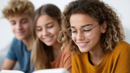 Fototapeta premium Group of friends sitting together reading open magazines and laughing