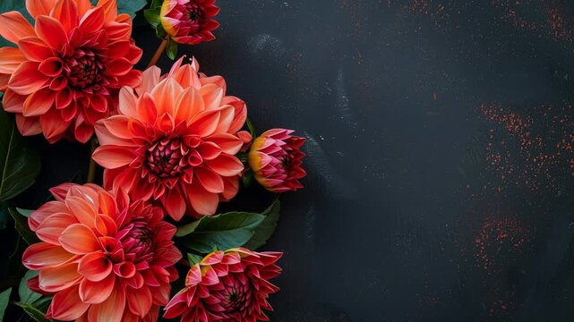 Elegant Dahlia Bouquet on dark Background, Floral Frame with Copy Space, Colorful Flowers on Textured Surface. with empty space for text, slow motion animation