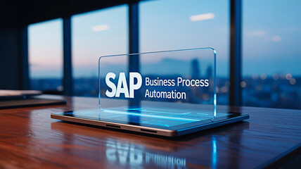 A futuristic technology display on a wooden table by the window, with city lights at night. The concept of business and technology.