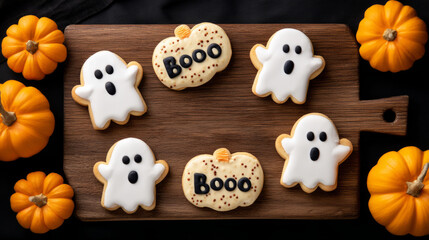 Fototapeta premium Halloween ghost and pumpkin cookies on wooden board - festive dessert arrangement for celebrations