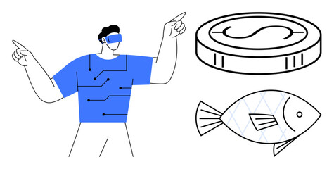 Man interacting with virtual reality wearing blue tech outfit, pointing at coin and fish elements. Ideal for technology, virtual reality, fintech, sustainability, innovation, gaming, simple flat